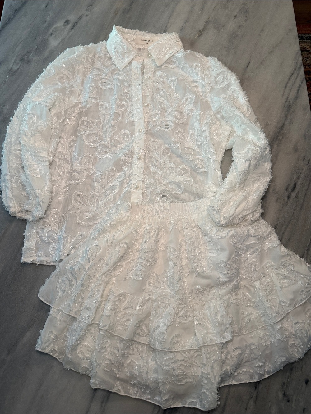 Commense White Embroidered Lace Shirt & Tiered Skirt Set